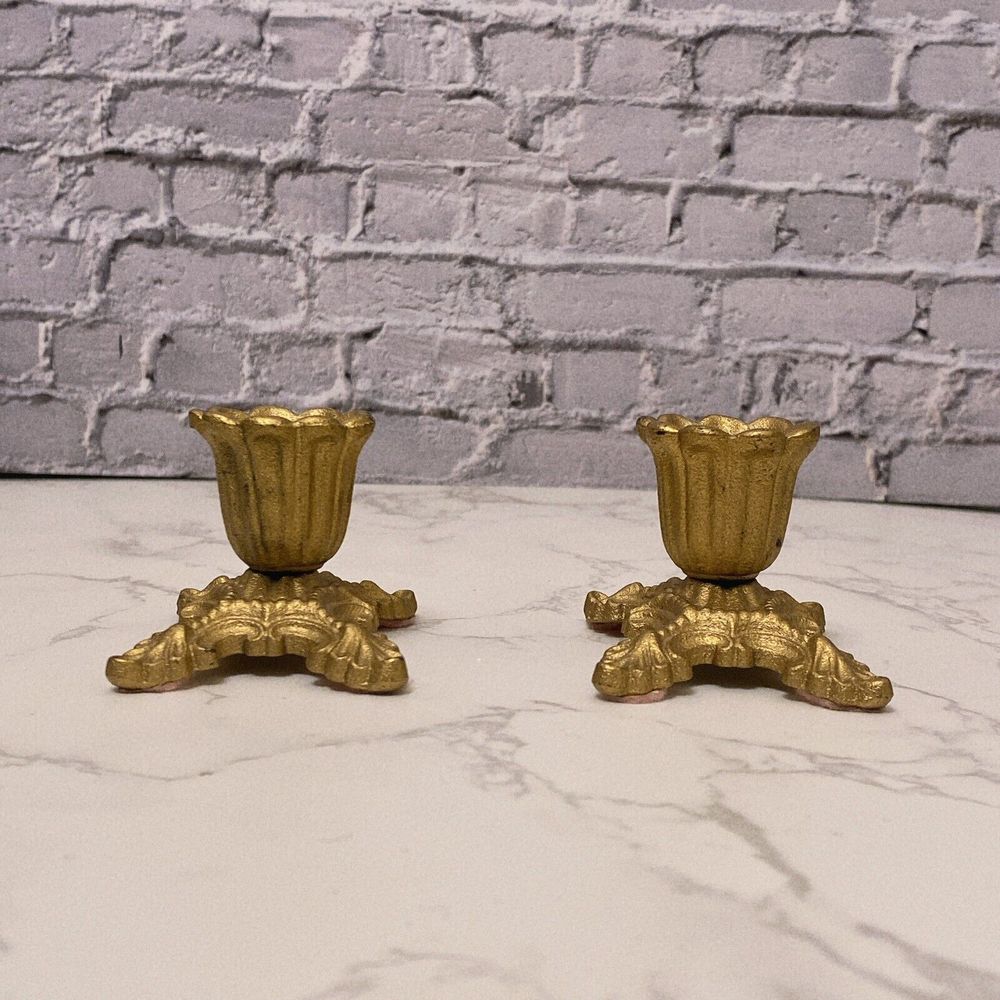 Wilton Vintage Set of 2 Ornate Gold Color Small Cast Iron Candle Stick Holders